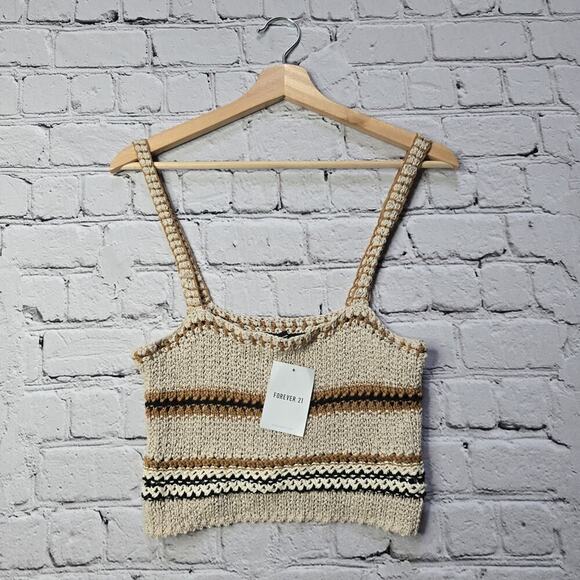 Forever21 Crochet Knit Sweater Crop Top Taupe Beige Cotton Blend New Size Medium - Picture 2 of 11